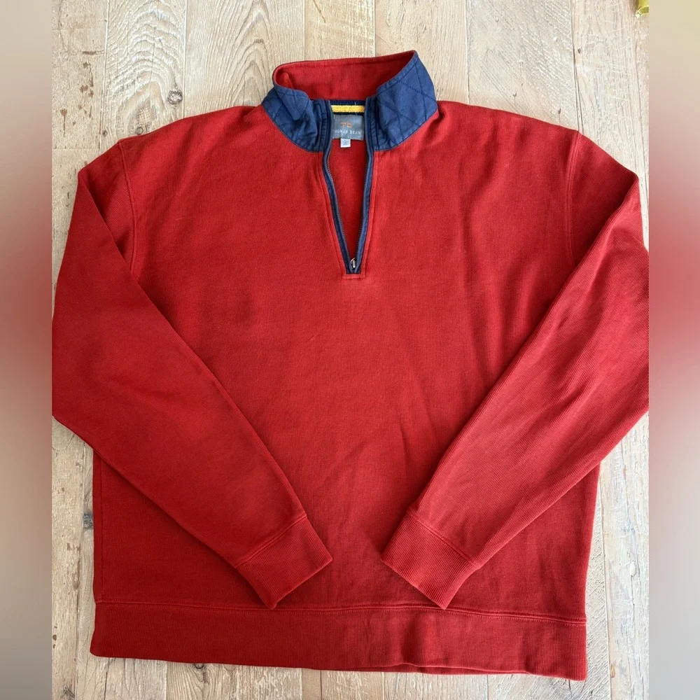 Thomas Dean Red Burnt OrangeZip-Up Sweater with Navy Trim L